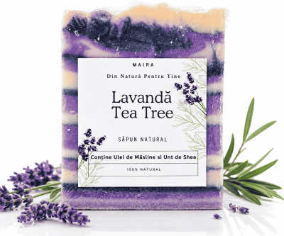 Săpun natural artizanal cu uleiuri esențiale de lavandă și tea tree, pentru o curățare delicată și revitalizantă a pielii.