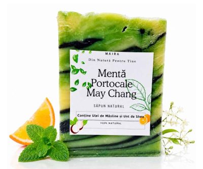 Săpun natural artizanal cu uleiuri esențiale de mentă, portocale și May Chang, oferind o curățare revigorantă și o aromă proaspătă.