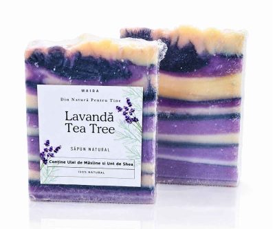 Săpun natural artizanal cu uleiuri esențiale de lavandă și tea tree, pentru o curățare delicată și revitalizantă a pielii.