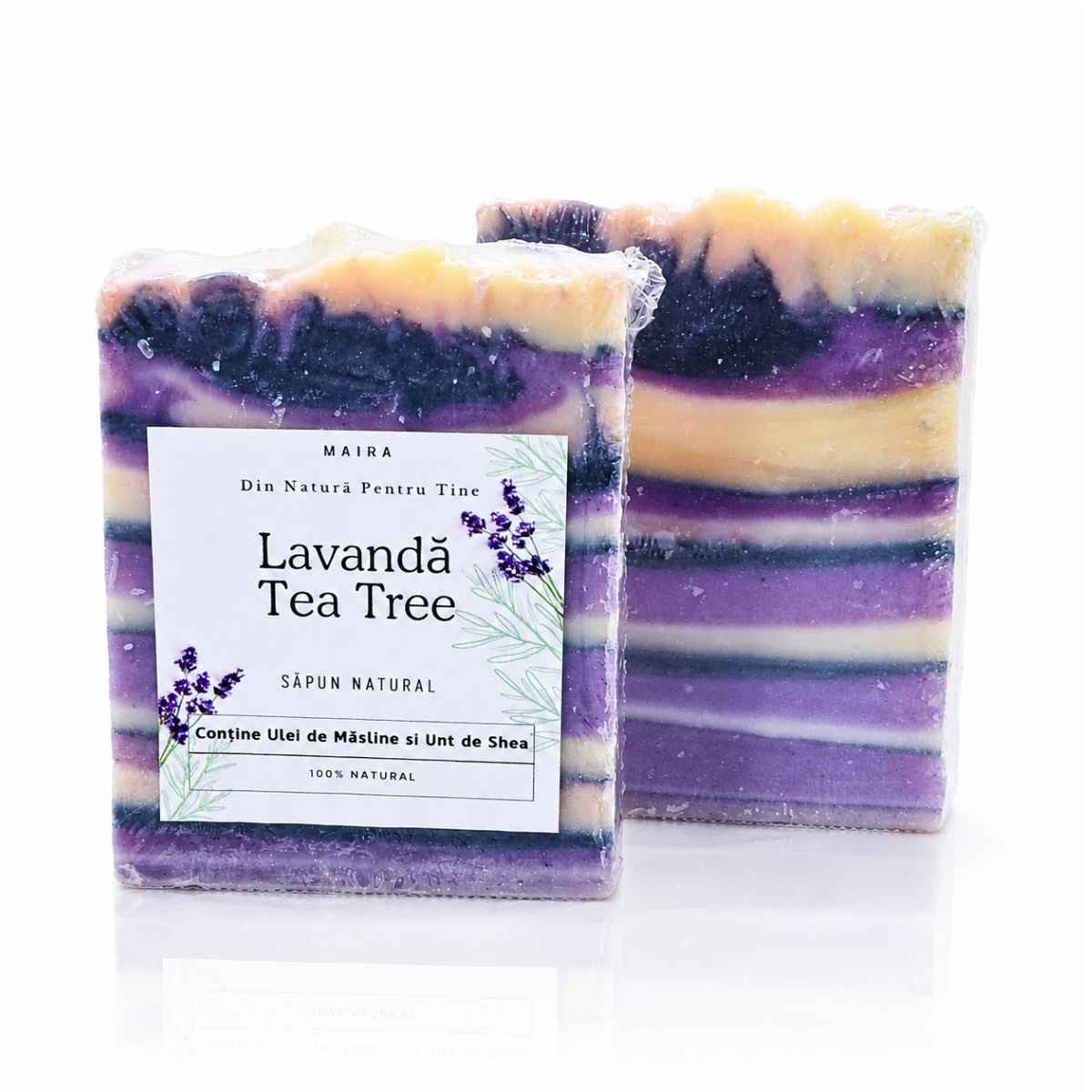 sapun-natural-artizanal-cu-unt-de-shea-ulei-de-masline-lavanda Săpun natural artizanal cu uleiuri esențiale de lavandă și tea tree, pentru o curățare delicată și revitalizantă a pielii.