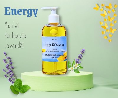 Ulei de masaj 200 ml cu mentă, portocale și lavandă pentru o explozie de energie
