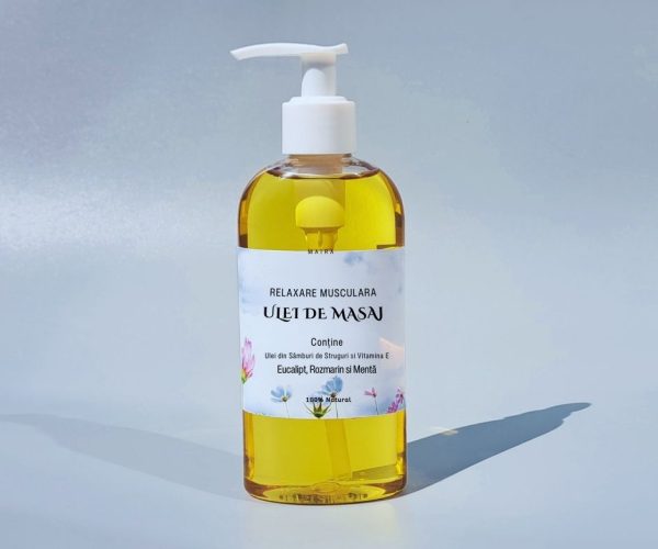 Ulei de masaj 200 ml cu lavandă, rozmarin și mentă pentru relaxare musculară.
