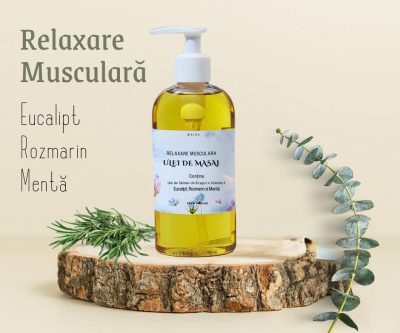 Ulei de masaj 200 ml cu lavandă, rozmarin și mentă pentru relaxare musculară.