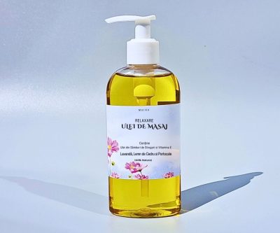 Ulei de masaj 200 ml cu lavandă, lemn de cedru și portocale pentru relaxare profundă.