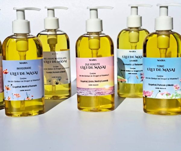 Colectia de uleiuri de masaj 200 ml – 7 variante: Relaxare, Relaxare Musculară, Energy, Zile Fericite, Romantic și Relaxant, Invigorare, Tonic