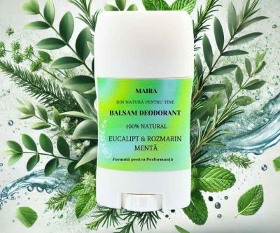 Deodorant natural cu uleiuri esențiale de eucalipt, rozmarin și mentă, pentru o prospețime energizantă și protecție naturală.