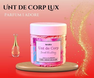 Imagine cu Unt de Corp Adore, un produs hidratant cu un parfum elegant și rafinat, inspirat de flori exotice și fructe sălbatice.