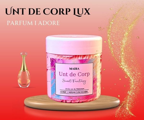 Imagine cu Unt de Corp Adore, un produs hidratant cu un parfum elegant și rafinat, inspirat de flori exotice și fructe sălbatice.