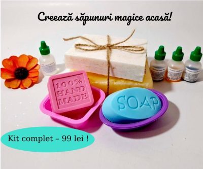 Kit Melt & Pour pentru săpunuri artizanale: bază glicerină, bază transparentă, culori vibrante, matrițe silicon, parfumuri, pentru proiecte creative.