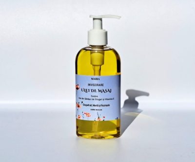 Ulei de masaj 200 ml cu grapefruit, mentă și rozmarin pentru o revitalizare completă.