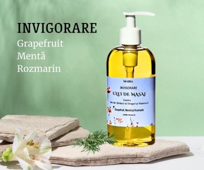 Ulei de masaj 200 ml cu grapefruit, mentă și rozmarin pentru o revitalizare completă.