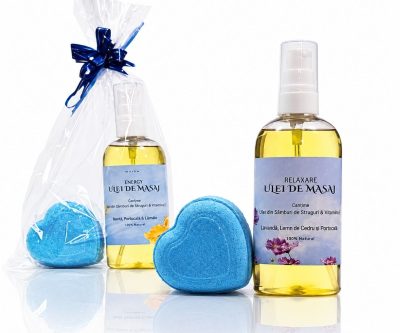 Set cadou relaxare, conținând ulei de masaj natural și inimioara efervescenta, ideal pentru persoanele dragi.