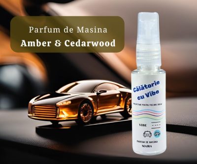 Parfum de mașină „Amber & Cedarwood”, 35 ml, pulverizator cu cardamom, cedru, chihlimbar, vanilie și mosc, pentru o atmosferă sofisticată și relaxantă.