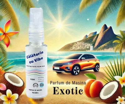 Parfum de mașină „Exotic”, 35 ml, pulverizator cu piersică, lapte de cocos și petale de frangipani pentru o atmosferă tropicală și proaspătă.