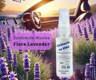 Parfum de mașină „Flora Lavender”, 35 ml, pulverizator cu lămâie, frunză verde, ananas, lavandă, pin, eucalipt, tonka și mosc, pentru o atmosferă calmă și proaspătă.