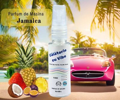 Parfum de mașină „Jamaica”, 35 ml, pulverizator cu note de citrice, fructul pasiunii, căpșuni, ananas, vanilie și cocos, pentru o atmosferă tropicală și exotică.