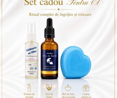 Set cadou Valentine's Day pentru bărbați: ulei de barbă, parfum de mașină și inimioară de baie efervescentă