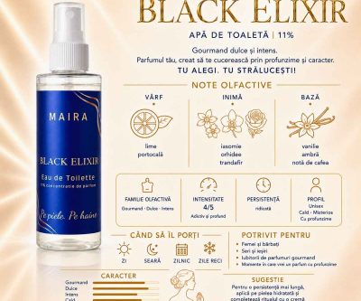Sticlă Eau de Toilette Black Elixir pe fundal deschis, parfum dulce intens MAIRA