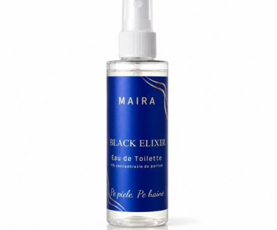 Sticlă Eau de Toilette Black Elixir pe fundal deschis, parfum dulce intens MAIRA