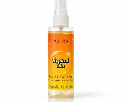 Sticlă Eau de Toilette Tropical Sun pe fundal deschis, parfum solar MAIRA