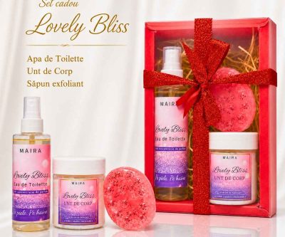 Set Cadou Lovely Bliss MAIRA cu Eau de Toilette, unt de corp și săpun exfoliant cu semințe de mac