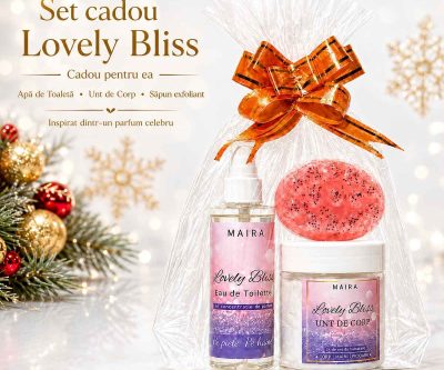 Set Cadou Lovely Bliss MAIRA cu Eau de Toilette, unt de corp și săpun exfoliant cu semințe de mac