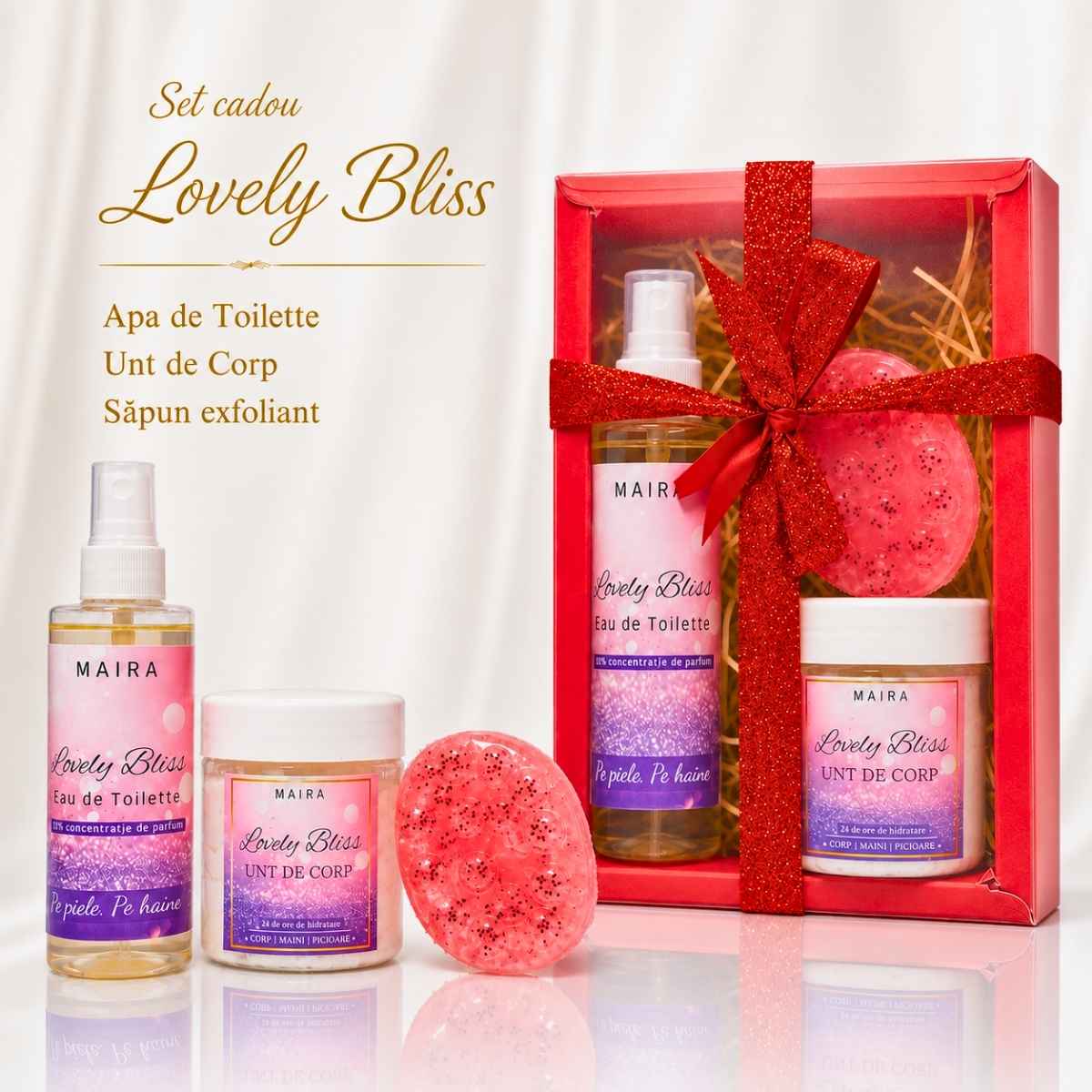 set-cadou-lovely-bliss-maira-eau-de-toilette-unt-corp-sapun-exfoliant. Set Cadou Lovely Bliss MAIRA cu Eau de Toilette, unt de corp și săpun exfoliant cu semințe de mac