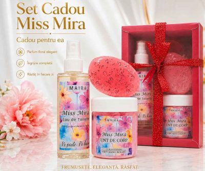 Descoperă Setul Cadou Miss Mira MAIRA cu Eau de Toilette, unt de corp hidratant și săpun exfoliant cu semințe de mac. Un ritual floral și elegant pentru ea.