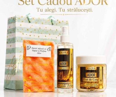 Set cadou Ador MAIRA pentru ea cu burete de duș infuzat cu săpun, unt de corp hidratare intensă și Eau de Toilette