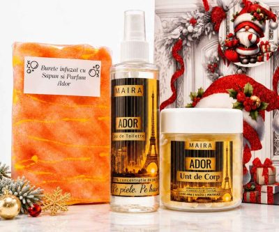 Set cadou Ador MAIRA pentru ea cu burete de duș infuzat cu săpun, unt de corp hidratare intensă și Eau de Toilette
