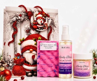 Set cadou pentru ea Lovely Bliss MAIRA cu burete de duș infuzat cu săpun, unt de corp hidratant și Eau de Toilette