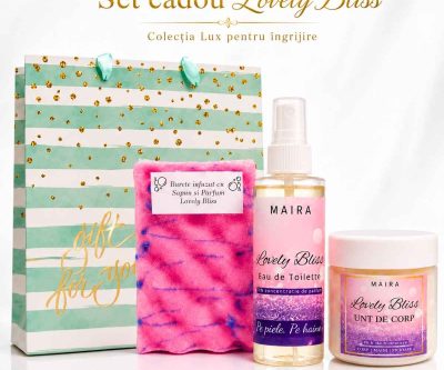 Set cadou pentru ea Lovely Bliss MAIRA cu burete de duș infuzat cu săpun, unt de corp hidratant și Eau de Toilette