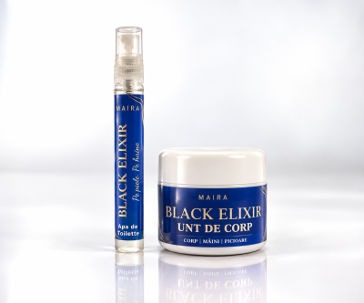 Set test Black Elixir cu unt de corp mini și eau de toilette, pentru testarea parfumului și a texturii untului de corp.