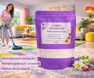 pudra parfumata pentru covoare flori de primavara 700g cu bicarbonat odorizant covoare miros floral dupa aspirare