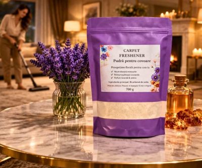 pudra parfumata pentru covoare lavanda si ambra 700g odorizant covoare cu miros relaxant dupa aspirare