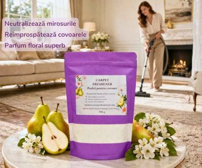 pudra parfumata pentru covoare pere englezesti 700g cu bicarbonat odorizant covoare miros fructat elegant