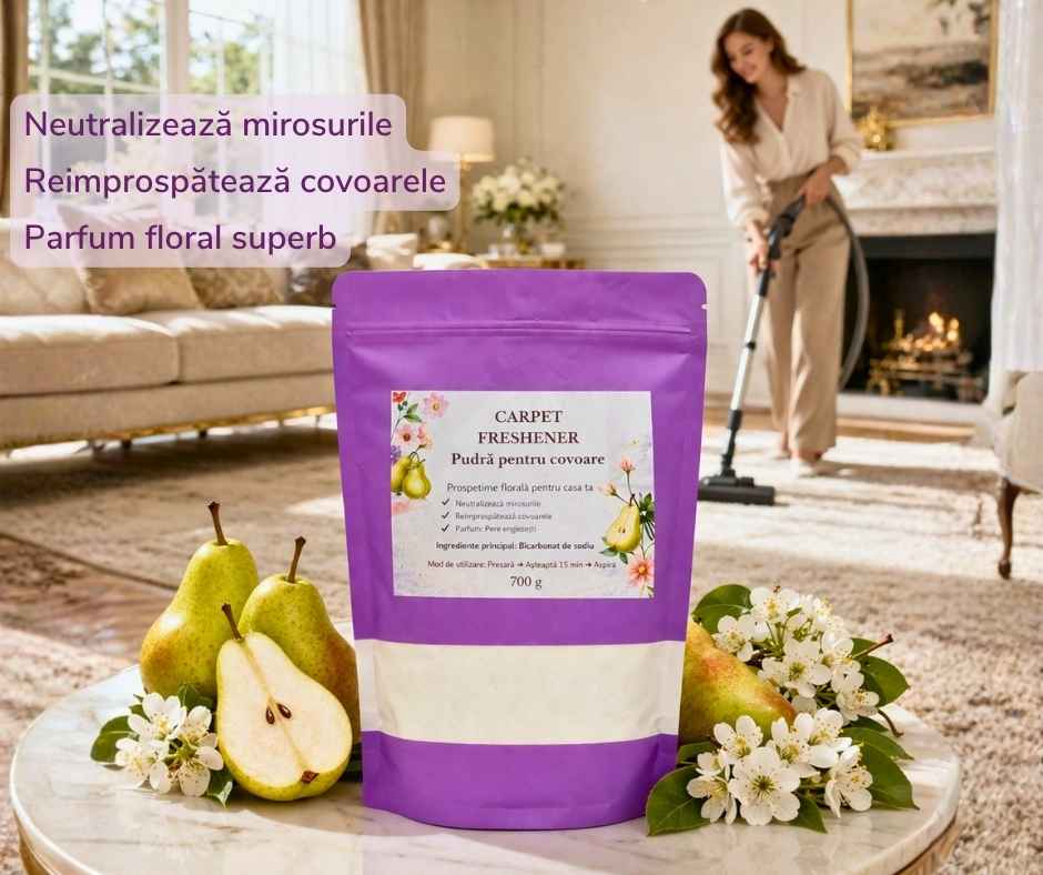 pudra-parfumata-covoare-pere-englezesti-700g-bicarbonat. pudra parfumata pentru covoare pere englezesti 700g cu bicarbonat odorizant covoare miros fructat elegant
