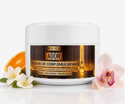 scrub corp natural cu zahar ador cu ulei de migdale si unt de shea pentru exfoliere si piele fina