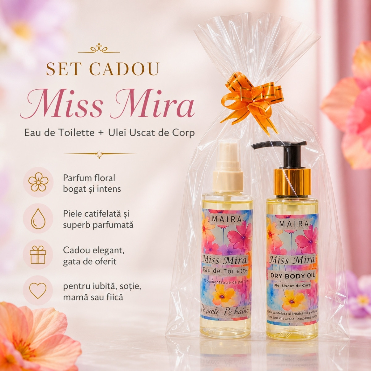 set-apa-de-tualeta-ulei-uscat-corp-mira-parfum-elegant-floral-hidratant-parfum-puternic-set-cadou set apa de tualeta si ulei uscat de corp mis mira parfum elegant floral hidratare si piele parfumata