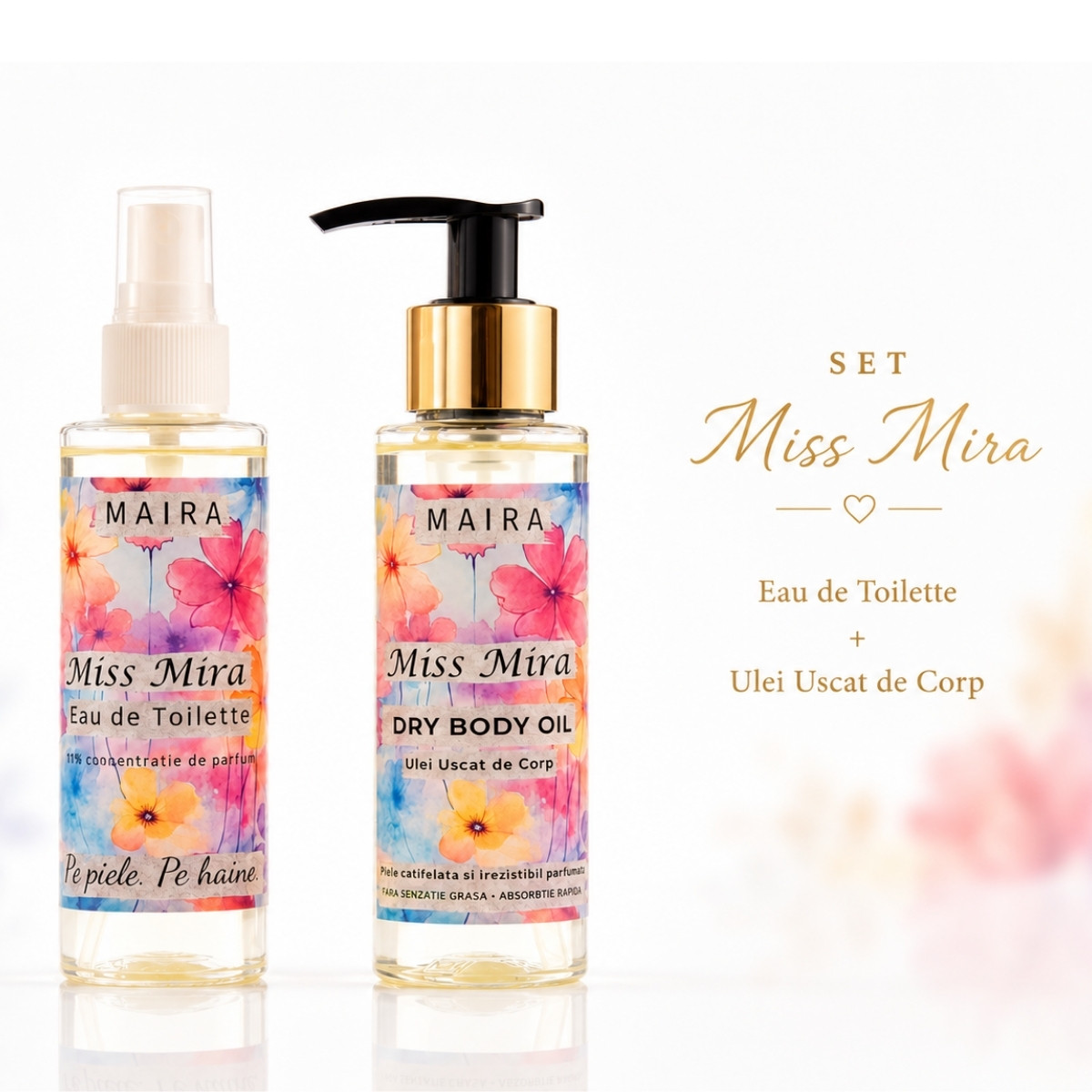 set-apa-de-tualeta-ulei-uscat-corp-mis-mira-parfum-elegant-floral set apa de tualeta si ulei uscat de corp mis mira parfum elegant floral hidratare si piele parfumata