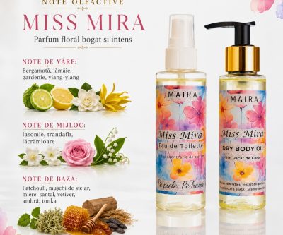 set apa de tualeta si ulei uscat de corp mis mira parfum elegant floral hidratare si piele parfumata