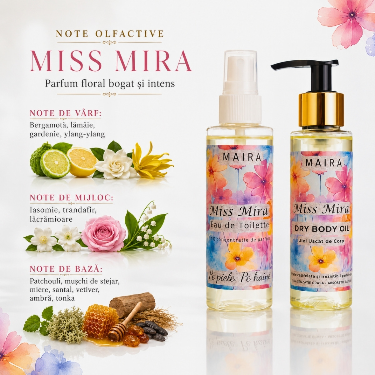 set-apa-de-tualeta-ulei-uscat-corp-mis-mira-parfum-elegant-floral-hidratant-parfum-puternic set apa de tualeta si ulei uscat de corp mis mira parfum elegant floral hidratare si piele parfumata