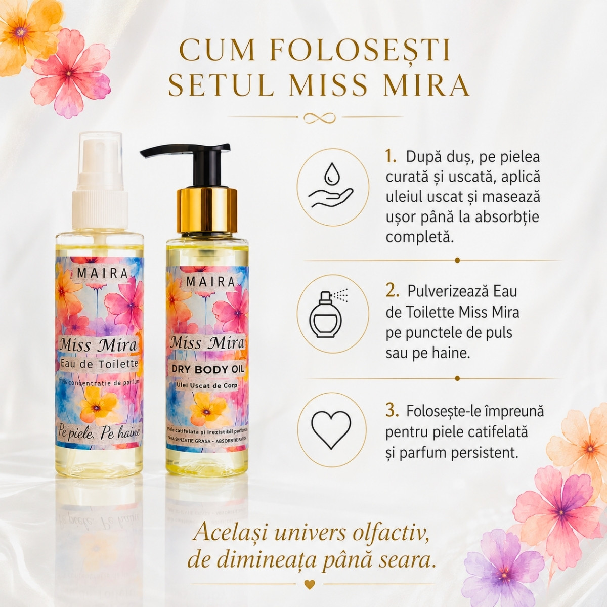 set-apa-de-tualeta-ulei-uscat-corp-mis-mira-parfum-elegant-floral set apa de tualeta si ulei uscat de corp mis mira parfum elegant floral hidratare si piele parfumata