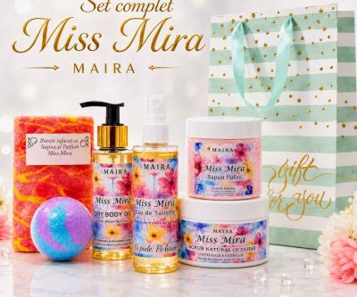 Set cadou Miss Mira cu 6 produse pentru baie, exfoliere, curățare, hidratare și parfumare. Un cadou complet pentru ea, cu ambalare la alegere.