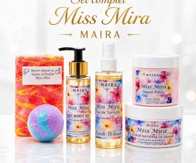 Set cadou Miss Mira cu 6 produse pentru baie, exfoliere, curățare, hidratare și parfumare. Un cadou complet pentru ea, cu ambalare la alegere.