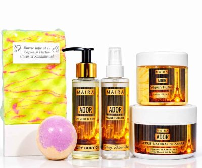 set complet ingrijire corp ador 6 produse scrub ulei apa de Toilette pentru piele hidratata si parfum feminin elegant