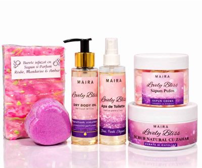 set complet ingrijire corp lovely bliss 6 produse scrub ulei, apa de toilette parfum iris si vanilie pentru piele hidratata
