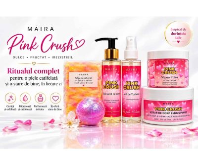 set complet ingrijire corp pink crush 6 produse scrub ulei, apa de toilette, pentru piele hidratata si parfumata dulce fructat