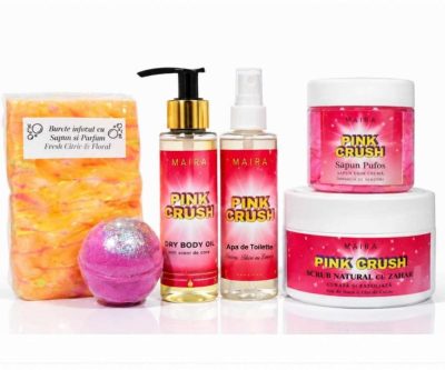 set complet ingrijire corp pink crush 6 produse scrub ulei, apa de toilette, pentru piele hidratata si parfumata dulce fructat