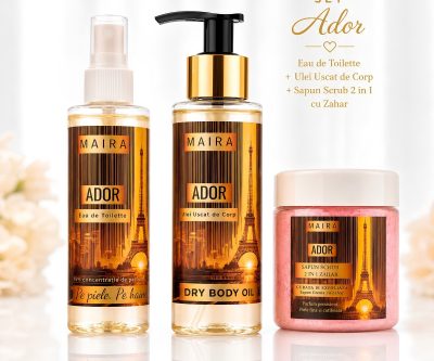 set ingrijire corp ador scrub ulei uscat si eau de toilette parfum feminin elegant rafinat pentru piele hidratata
